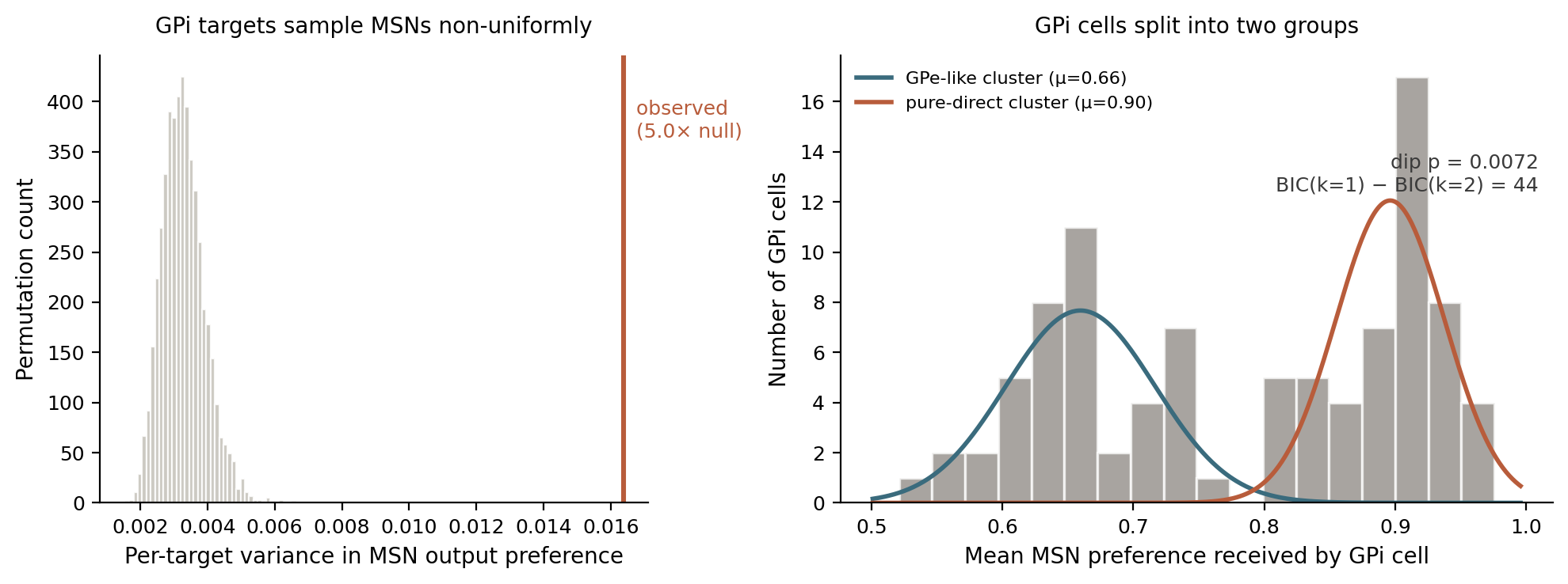 Left: GPi targets show 5× the per-target variance of the permutation null. Right: Hartigan's dip on the distribution of received MSN mixtures across GPi cells — two modes, separated by about five standard deviations.