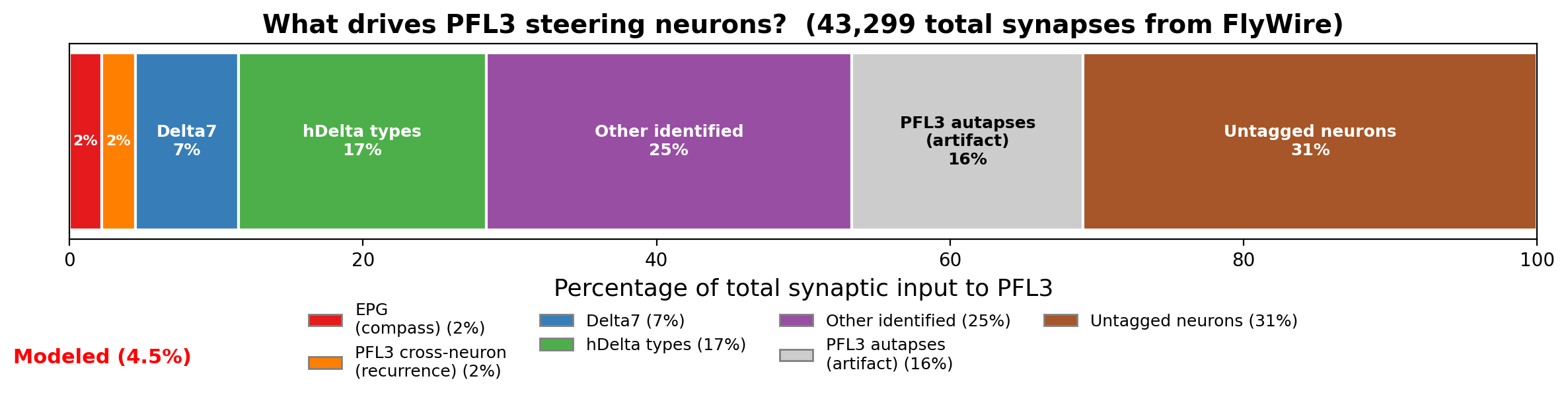 PFL3 input budget from the FlyWire connectome. Proportional breakdown of all 43,299 synapses onto the 24 PFL3 steering neurons. EPG compass neurons — treated as the primary heading input in all theoretical models — provide just 2% of total input. hDelta and Delta7 neurons together provide 24%. Nearly a third of input comes from neurons lacking cell-type annotations in FlyWire. The red bracket indicates the fraction covered by our model (EPG + genuine cross-neuron recurrence): 4.5% of total input. PFL3 autapses (16%) are shown separately as a segmentation artifact.